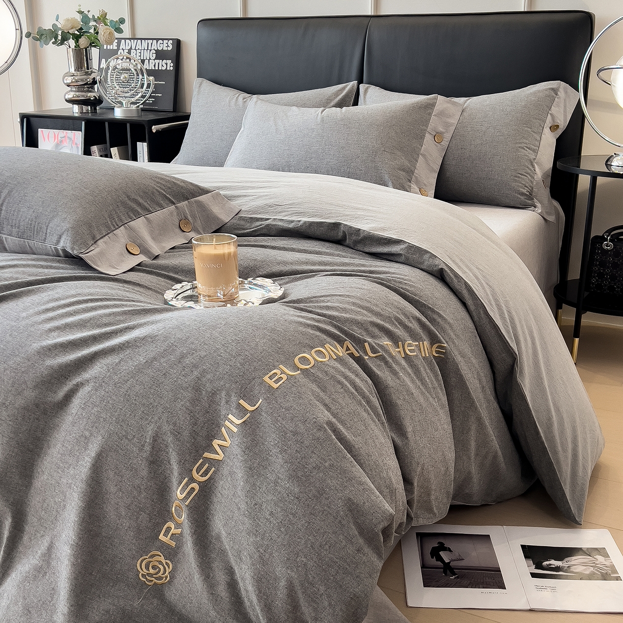 91家纺网 家纺一手货源 找家纺 芃成家纺 2025新款A类全棉色织水洗棉纽扣绣花四件套 纽扣款-深灰拼浅灰