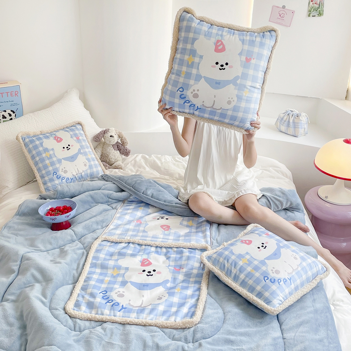 番茄+ 2025新款羊羔毛花边绒抱枕被 快乐狗