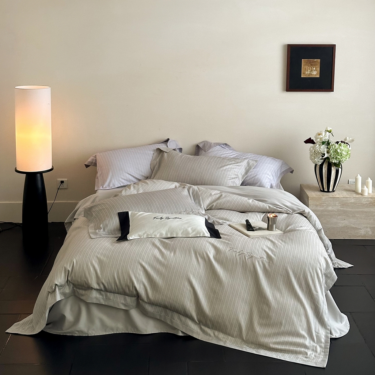 黛舒家居 2025新款天丝棉磨毛字母刺绣小宽边四件套-纪梵希 纪梵希-灰