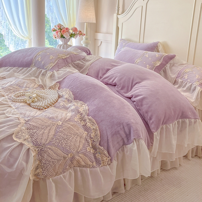 网红馆（ck家纺） 2025新款亲肤舒适牛奶绒蕾丝边床裙四件套-秘密花园 秘密花园-紫色