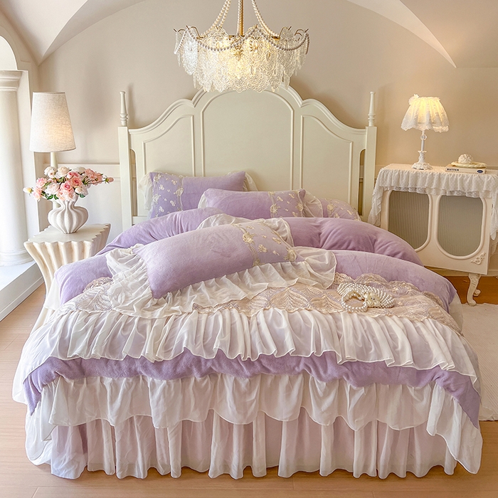 91家纺网 家纺一手货源 找家纺 网红馆（ck家纺） 2025新款亲肤舒适牛奶绒蕾丝边床裙四件套-秘密花园 秘密花园-紫色