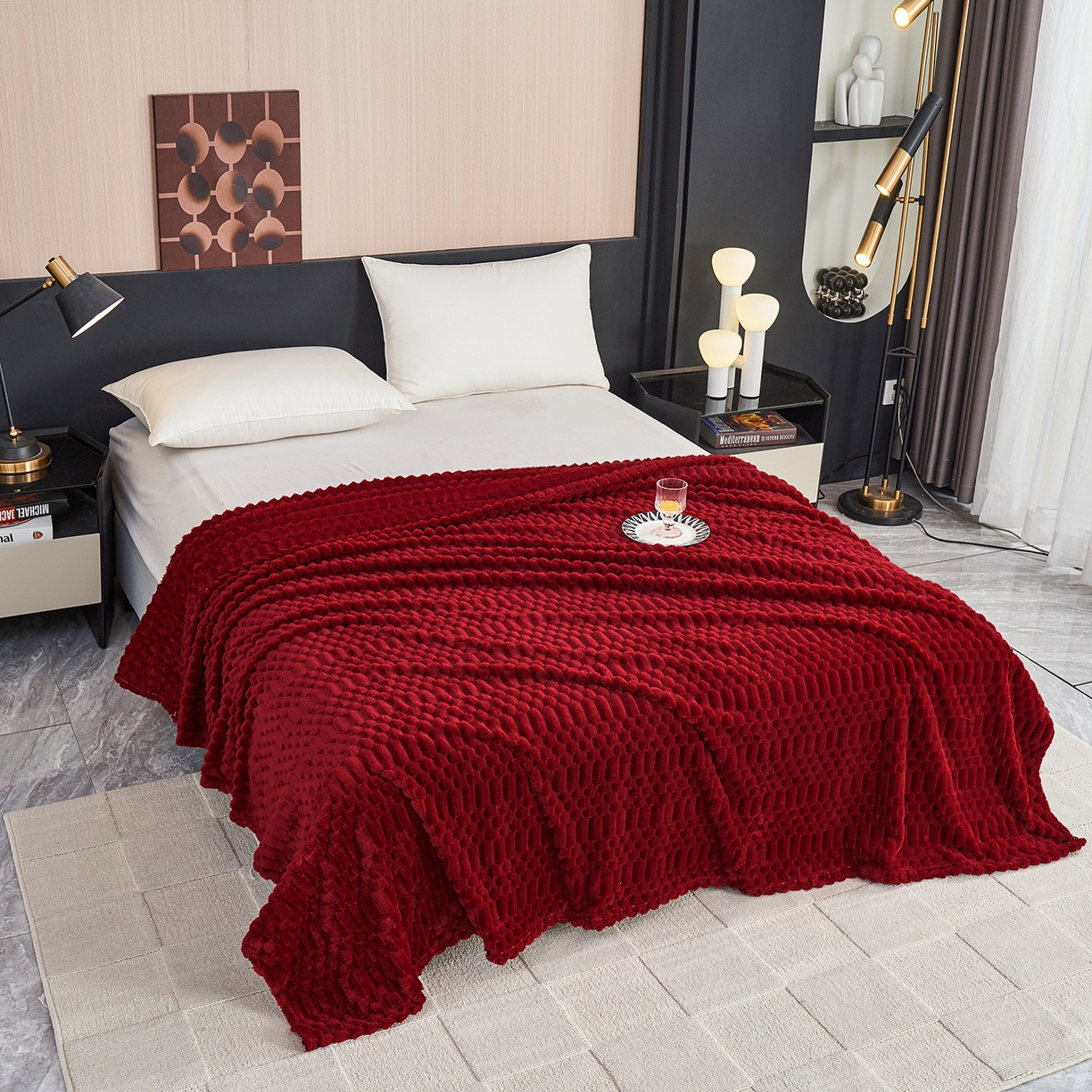 91家纺网 家纺一手货源 找家纺 枋梢家纺 2025新款福禄抽条法兰绒牛奶绒高克重毯空调小毯子毛毯盖毯 福禄抽条毛毯-酒红