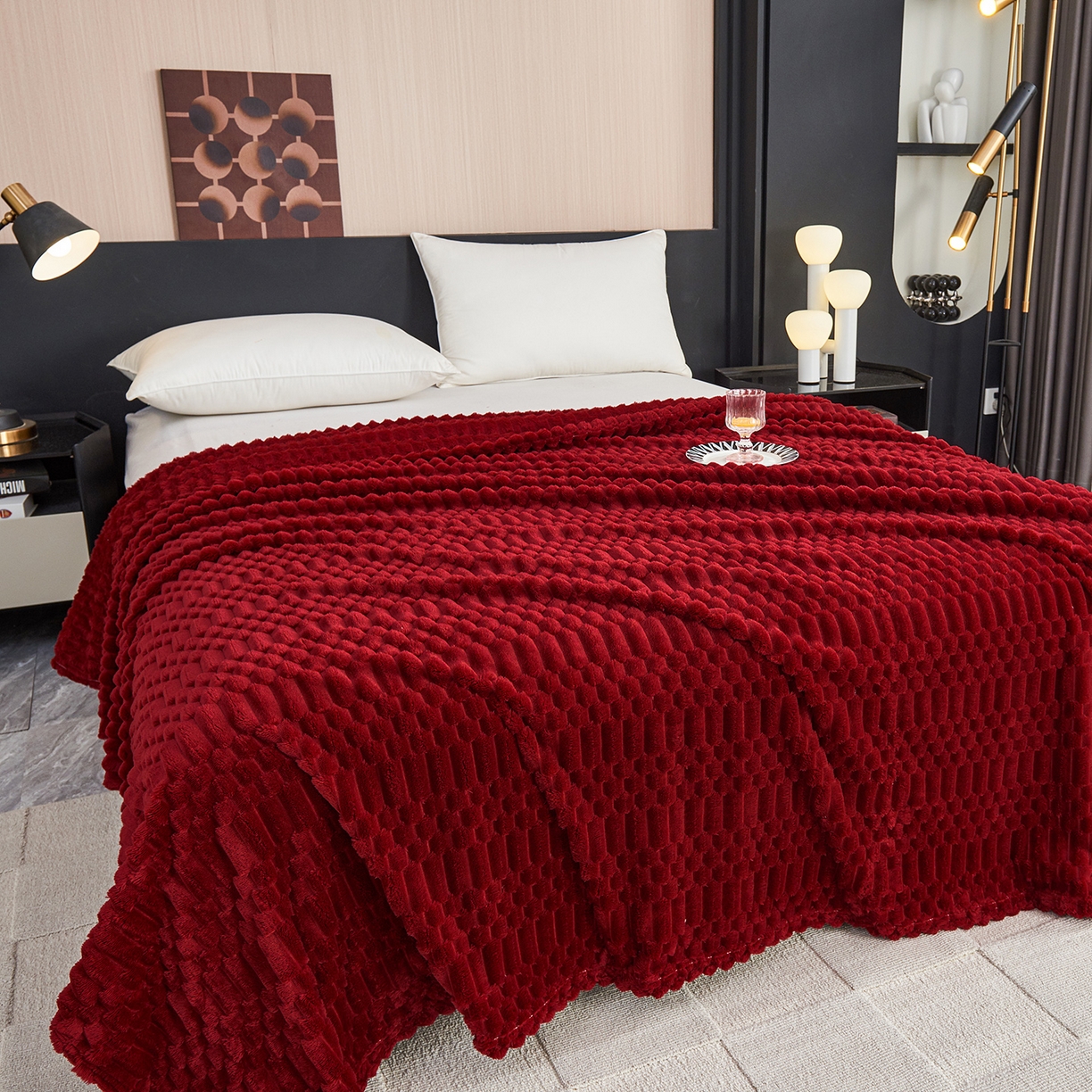 91家纺网 家纺一手货源 找家纺 枋梢家纺 2025新款福禄抽条法兰绒牛奶绒高克重毯空调小毯子毛毯盖毯 福禄抽条毛毯-酒红