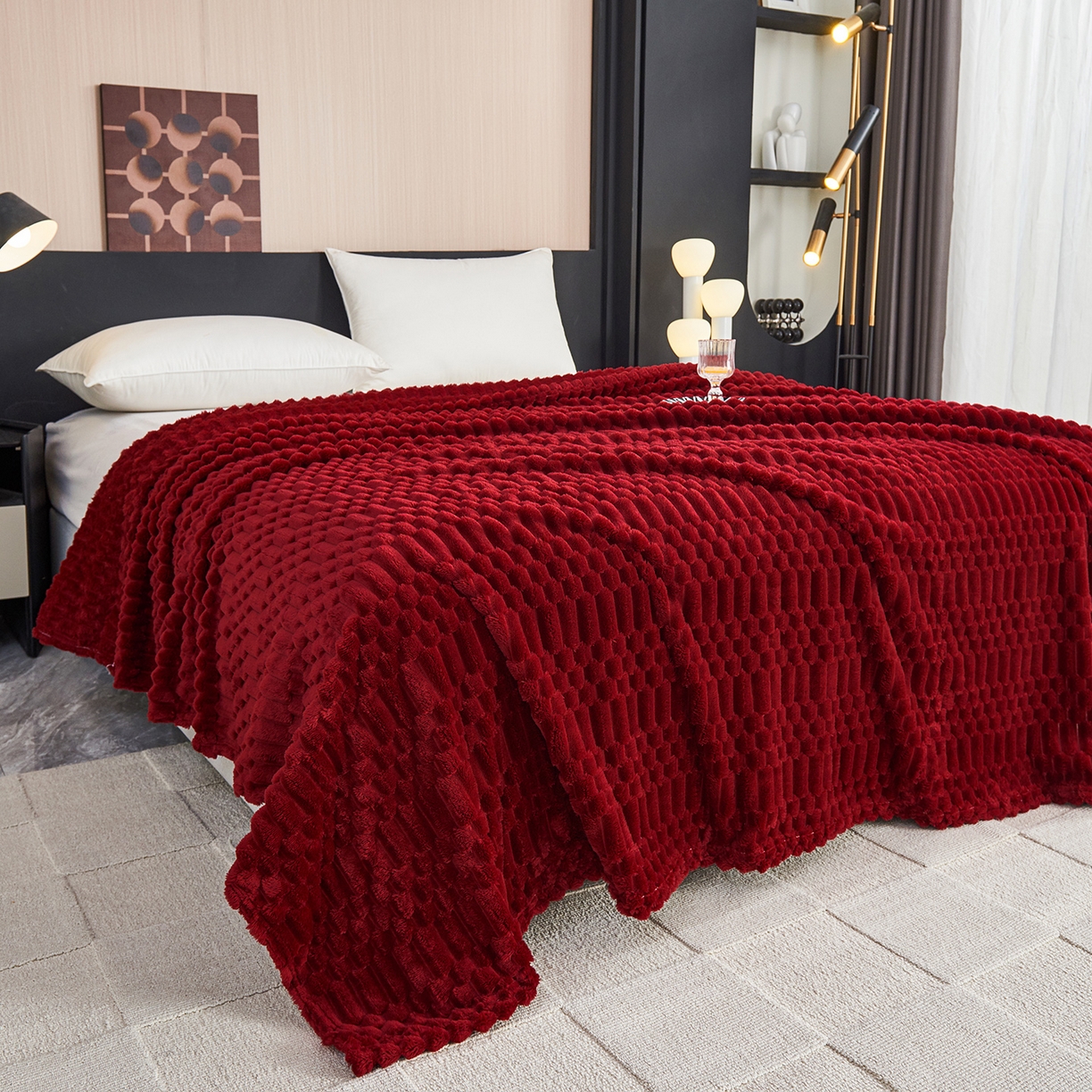91家纺网 家纺一手货源 找家纺 枋梢家纺 2025新款福禄抽条法兰绒牛奶绒高克重毯空调小毯子毛毯盖毯 福禄抽条毛毯-酒红