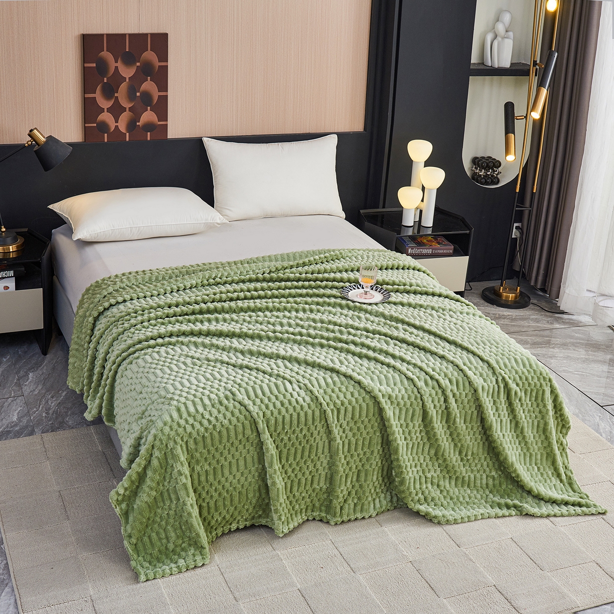 91家纺网 家纺一手货源 找家纺 枋梢家纺 2025新款福禄抽条法兰绒牛奶绒高克重毯空调小毯子毛毯盖毯 福禄抽条毛毯-浅绿