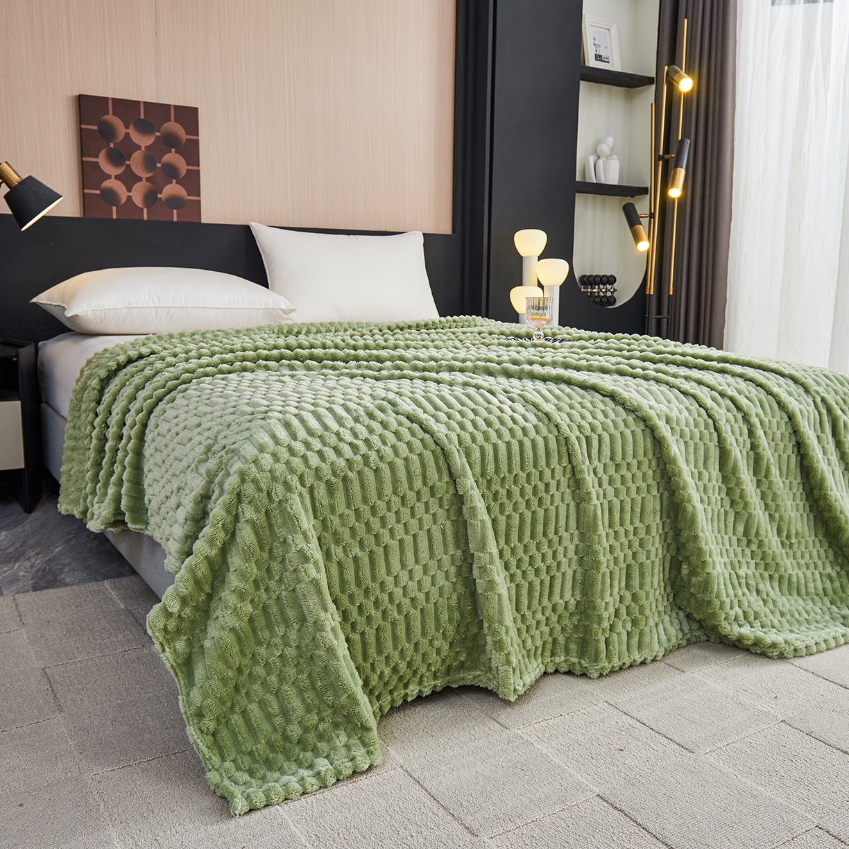 91家纺网 家纺一手货源 找家纺 枋梢家纺 2025新款福禄抽条法兰绒牛奶绒高克重毯空调小毯子毛毯盖毯 福禄抽条毛毯-浅绿