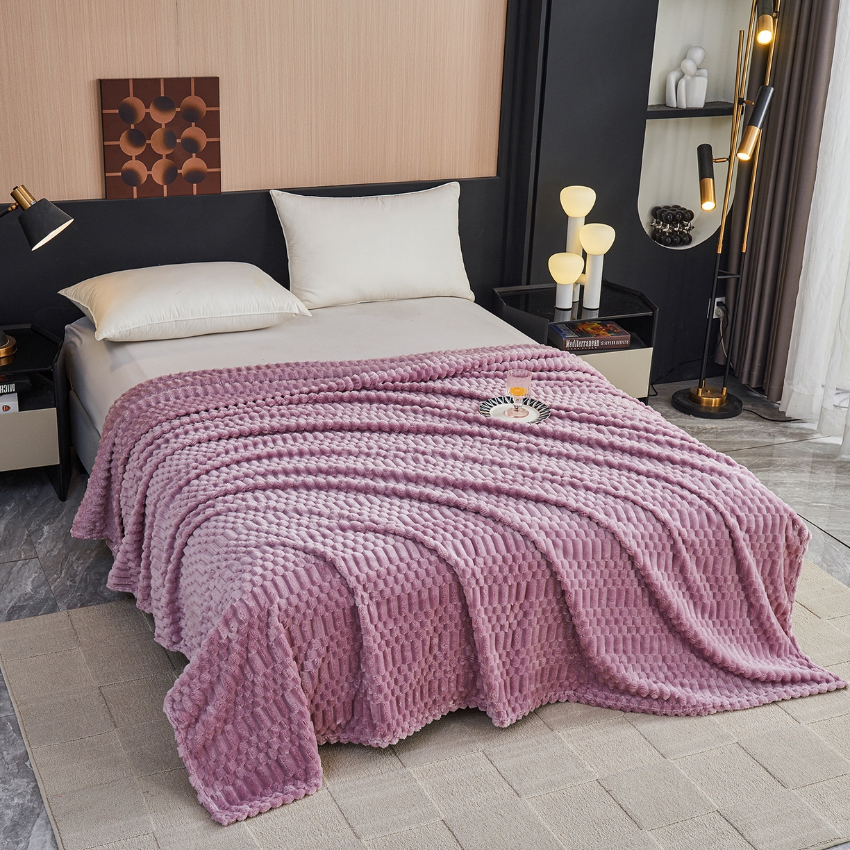 91家纺网 家纺一手货源 找家纺 枋梢家纺 2025新款福禄抽条法兰绒牛奶绒高克重毯空调小毯子毛毯盖毯 福禄抽条毛毯-浅紫