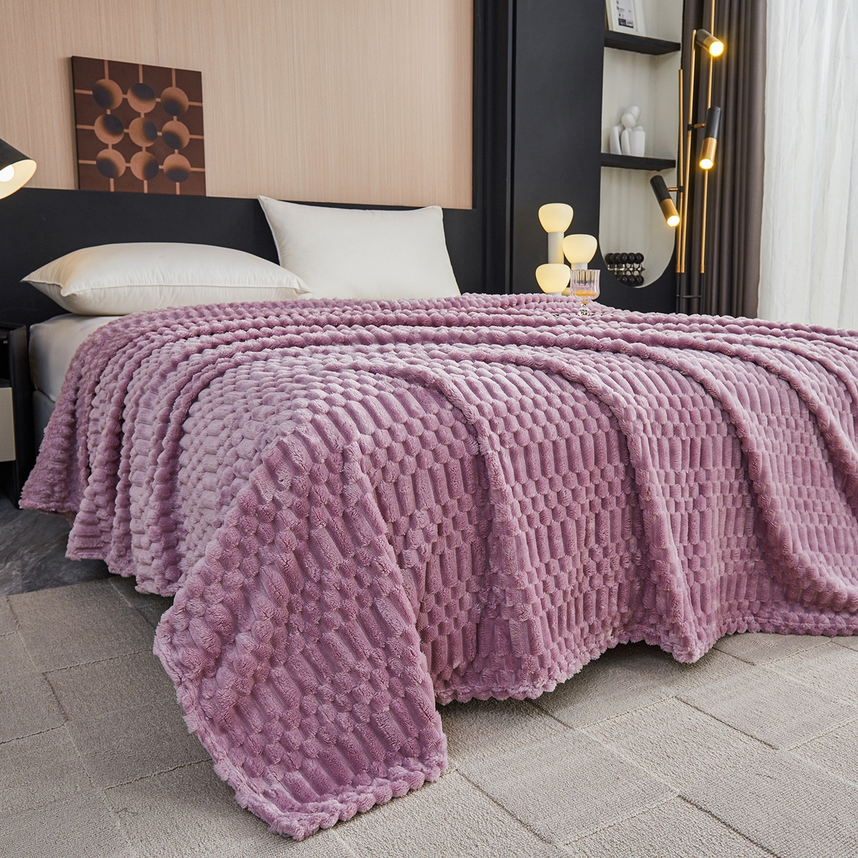91家纺网 家纺一手货源 找家纺 枋梢家纺 2025新款福禄抽条法兰绒牛奶绒高克重毯空调小毯子毛毯盖毯 福禄抽条毛毯-浅紫