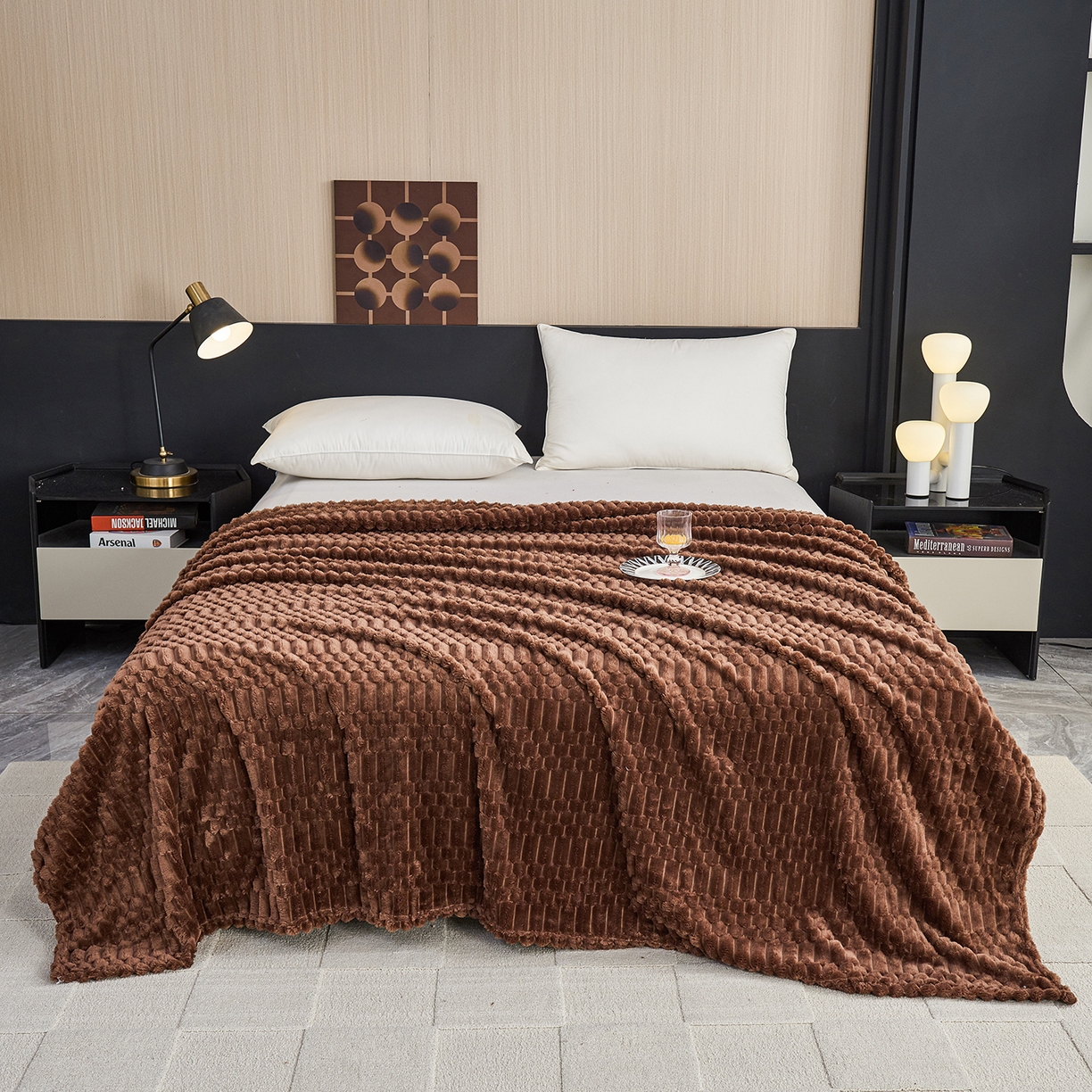 91家纺网 家纺一手货源 找家纺 枋梢家纺 2025新款福禄抽条法兰绒牛奶绒高克重毯空调小毯子毛毯盖毯 福禄抽条毛毯-深咖