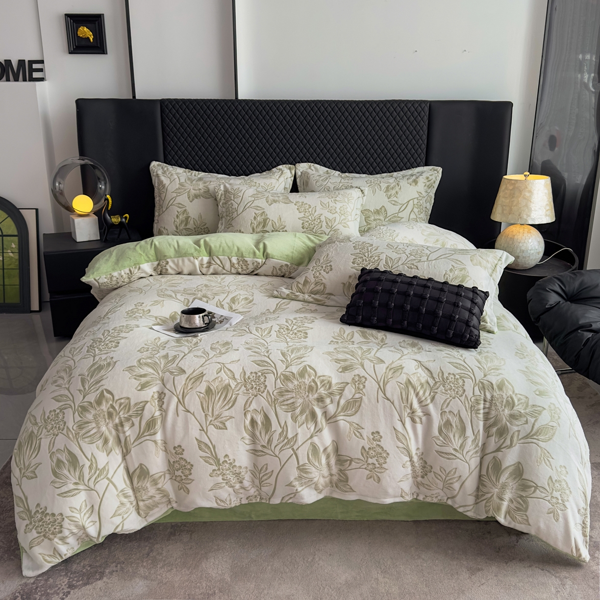 金昱纺 2025新款高克重牛奶绒立体烂花四件套 秋雨花恋-绿