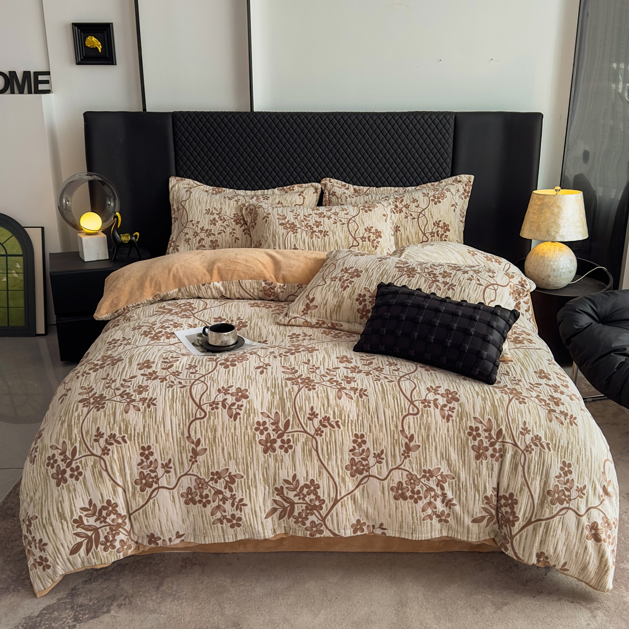 金昱纺 2025新款高克重牛奶绒立体烂花四件套 叶语悠然-咖