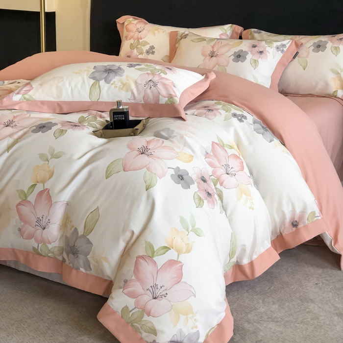  薏思家纺 2025新款全棉斜纹加厚数码印花-宽边磨毛系列 暖樱粉