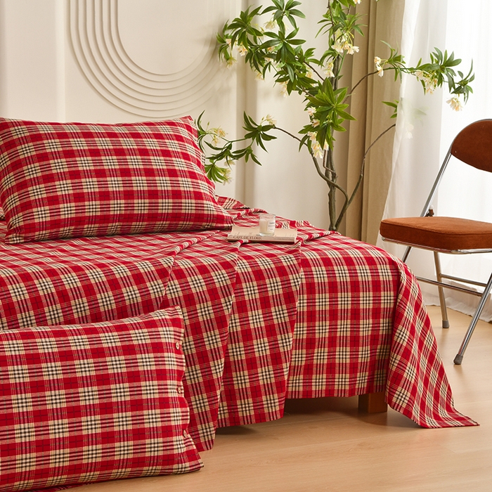 91家纺网 家纺一手货源 找家纺 织雅漫 2025新款高端帛丝系列全棉纯棉细纱老粗布床单 铂丝-红