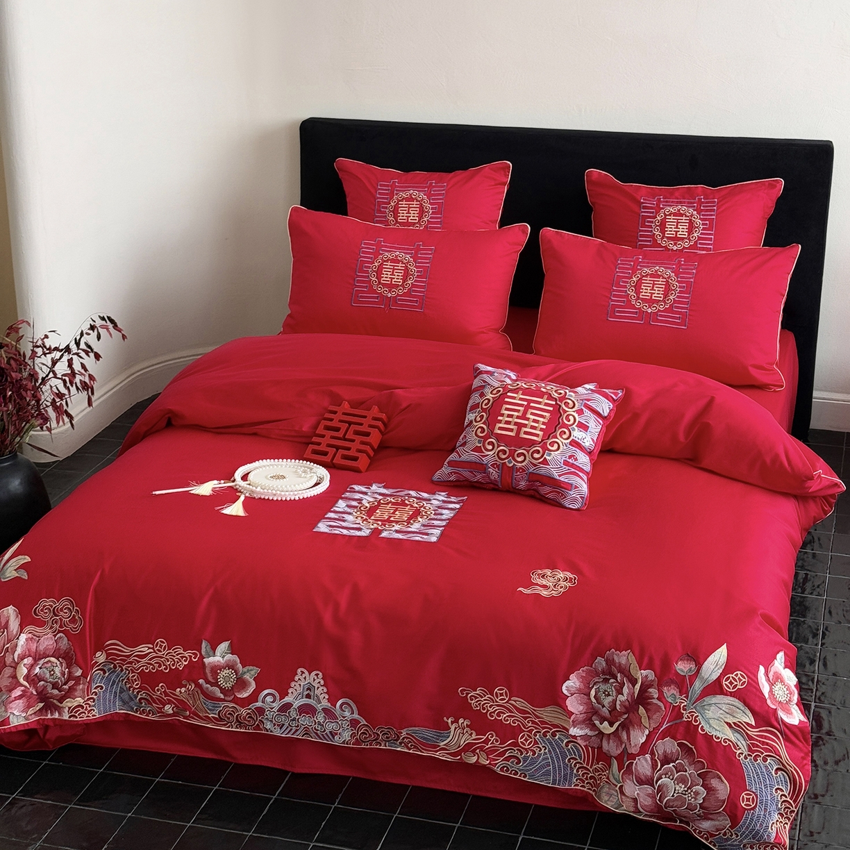 91家纺网 家纺一手货源 找家纺 （总）江涞 2025新款长绒棉刺绣四件套-繁花纳喜