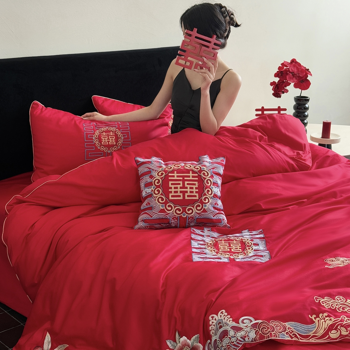 91家纺网 家纺一手货源 找家纺 （总）江涞 2025新款长绒棉刺绣四件套-繁花纳喜