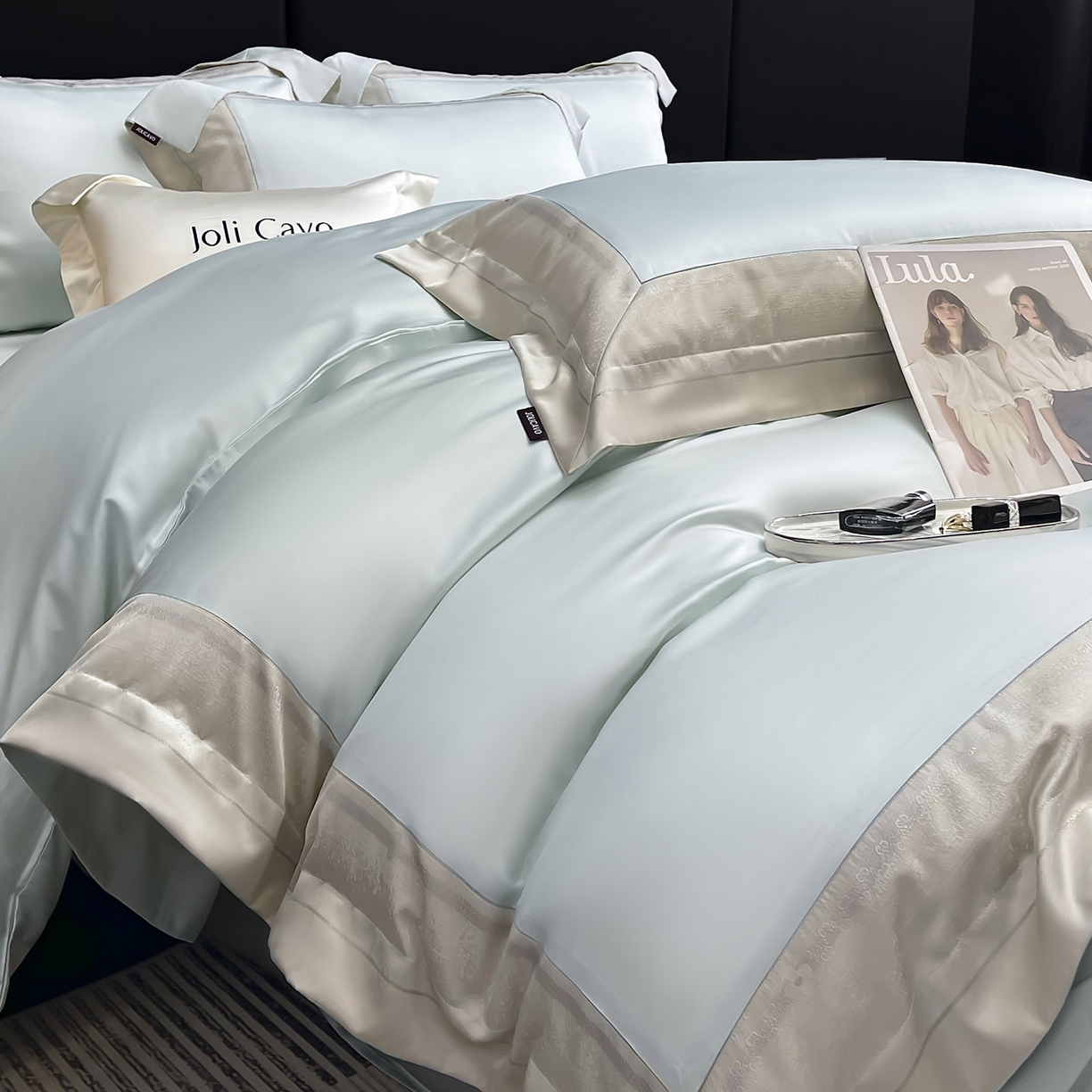 91家纺网 家纺一手货源 找家纺 2025轻奢风A类贡缎长绒棉四件套纯棉全棉重工刺绣被套床单高端拼接床上用品 馥雅-布鲁蓝