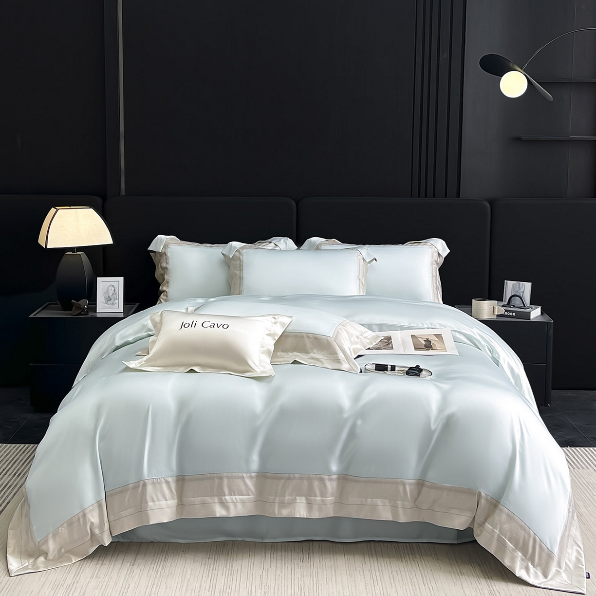 91家纺网 家纺一手货源 找家纺 2025轻奢风A类贡缎长绒棉四件套纯棉全棉重工刺绣被套床单高端拼接床上用品 馥雅-布鲁蓝