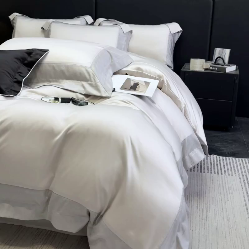 91家纺网 家纺一手货源 找家纺 2025轻奢风A类贡缎长绒棉四件套纯棉全棉重工刺绣被套床单高端拼接床上用品 馥雅-杏子灰