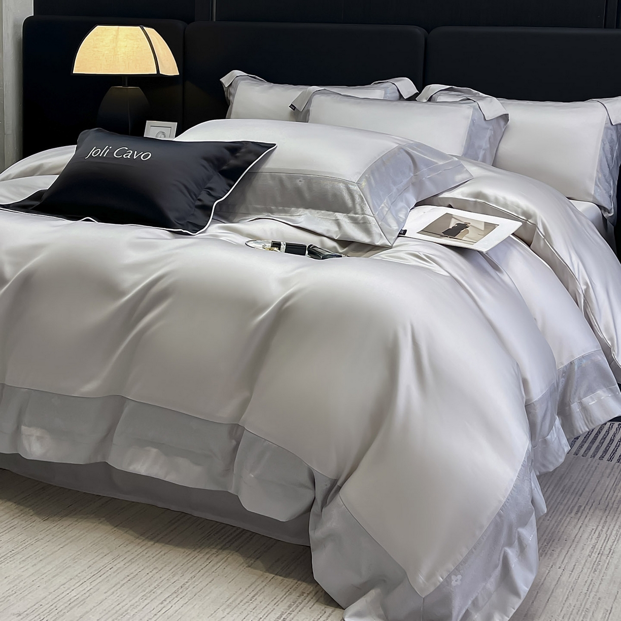 91家纺网 家纺一手货源 找家纺  2025轻奢风A类贡缎长绒棉四件套纯棉全棉重工刺绣被套床单高端拼接床上用品 馥雅-杏子灰