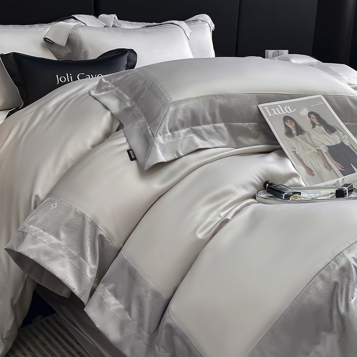 91家纺网 家纺一手货源 找家纺  2025轻奢风A类贡缎长绒棉四件套纯棉全棉重工刺绣被套床单高端拼接床上用品 馥雅-杏子灰