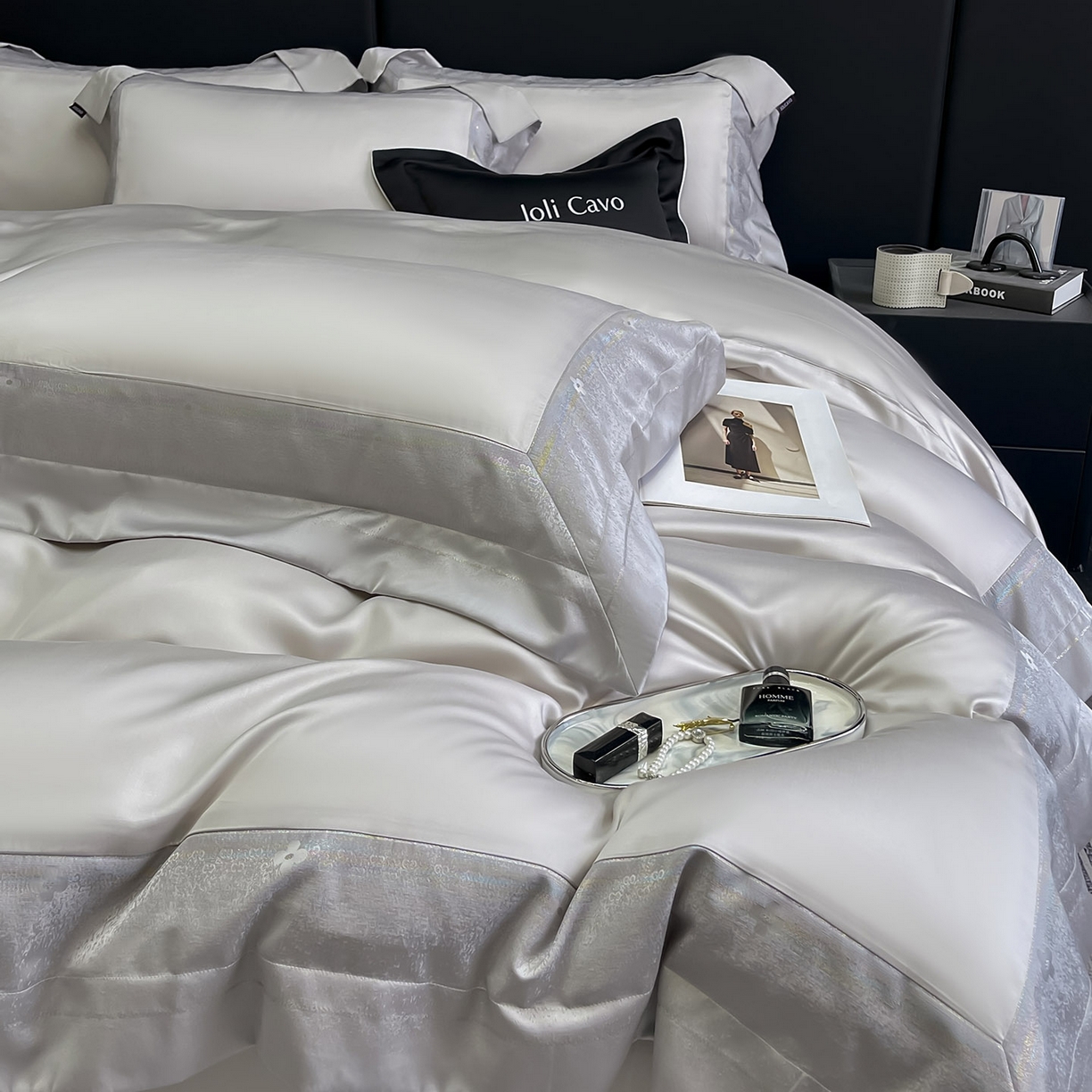 91家纺网 家纺一手货源 找家纺  2025轻奢风A类贡缎长绒棉四件套纯棉全棉重工刺绣被套床单高端拼接床上用品 馥雅-杏子灰