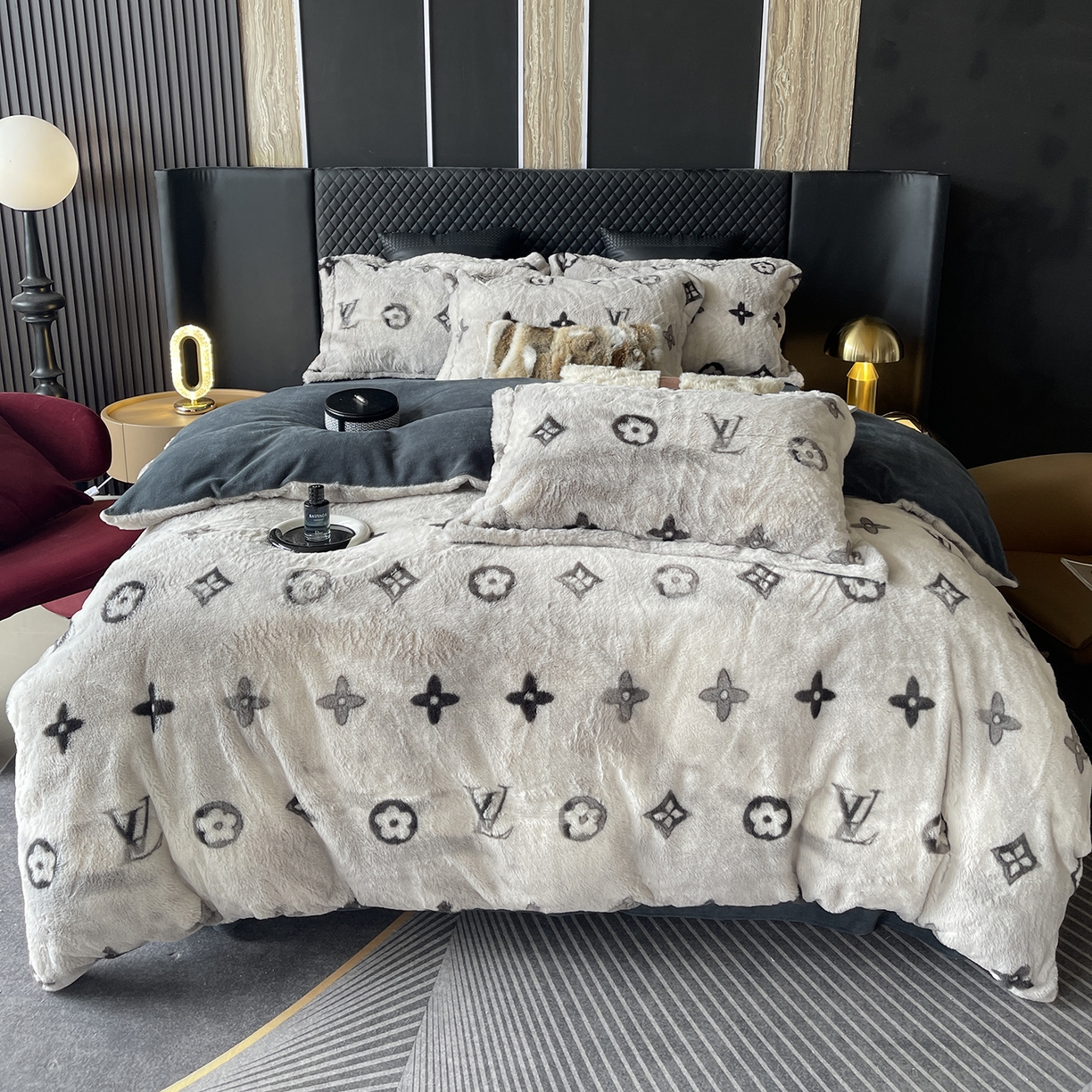 奈萝家纺 2025新款秋冬加厚皮草级兔绒牛奶绒四件套 路易灰