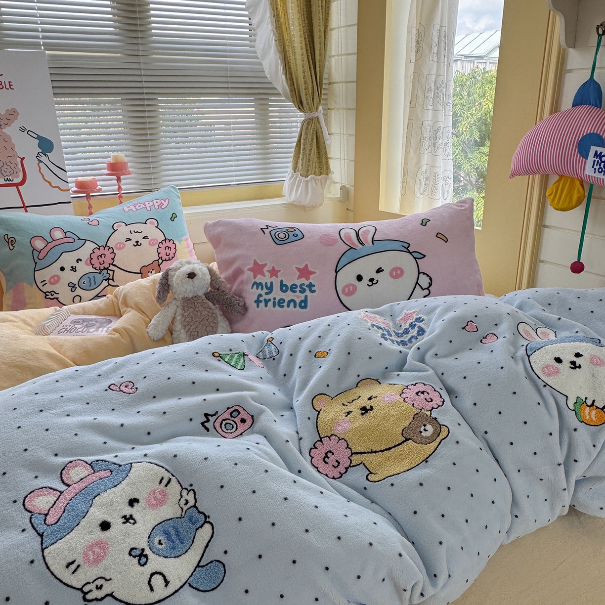 91家纺网 家纺一手货源 找家纺 （总）柚子YOUTH 2025新款加厚牛奶绒卡通毛巾绣四件套-卡通三小只