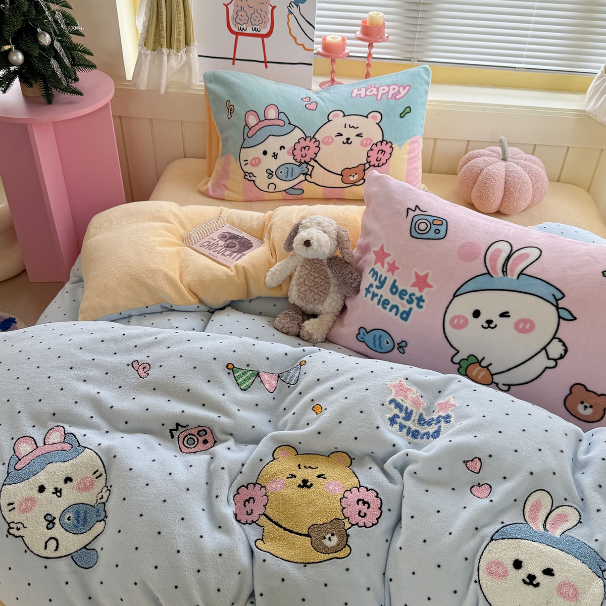 91家纺网 家纺一手货源 找家纺 （总）柚子YOUTH 2025新款加厚牛奶绒卡通毛巾绣四件套-卡通三小只