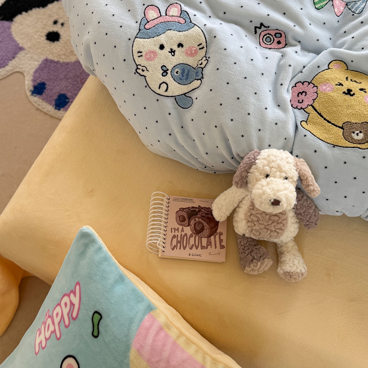 91家纺网 家纺一手货源 找家纺 （总）柚子YOUTH 2025新款加厚牛奶绒卡通毛巾绣四件套-卡通三小只