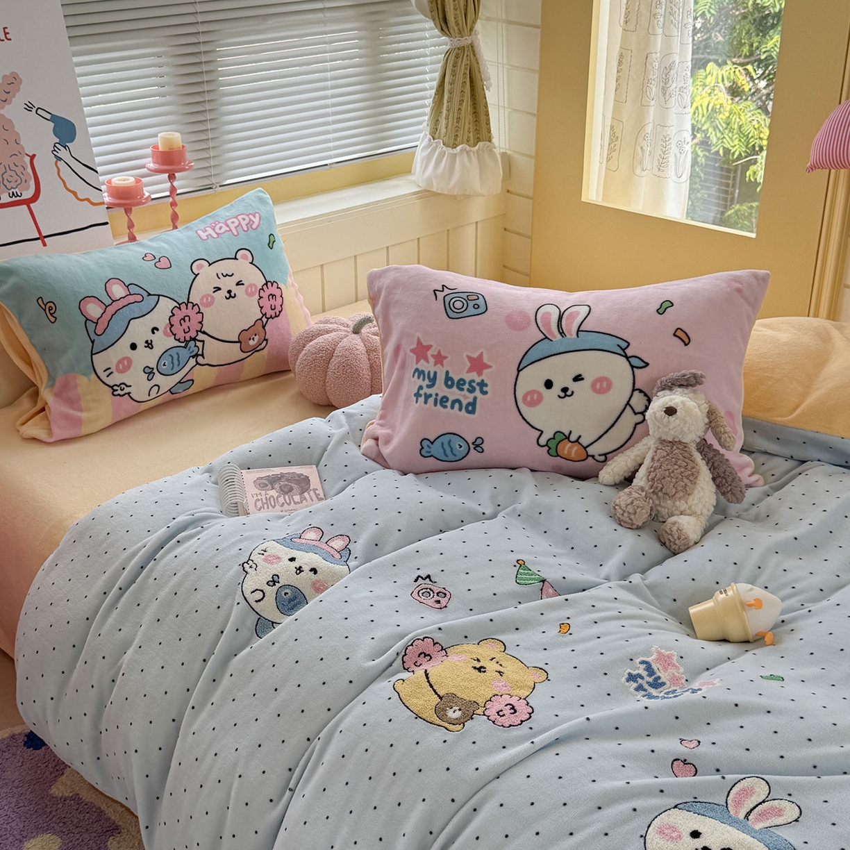 91家纺网 家纺一手货源 找家纺 （总）柚子YOUTH 2025新款加厚牛奶绒卡通毛巾绣四件套-卡通三小只