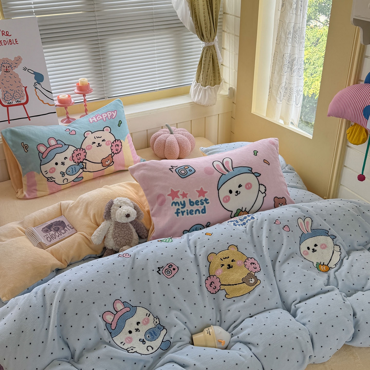 91家纺网 家纺一手货源 找家纺 柚子YOUTH 2025新款加厚牛奶绒卡通毛巾绣四件套-卡通三小只 卡通三小只-萌粒