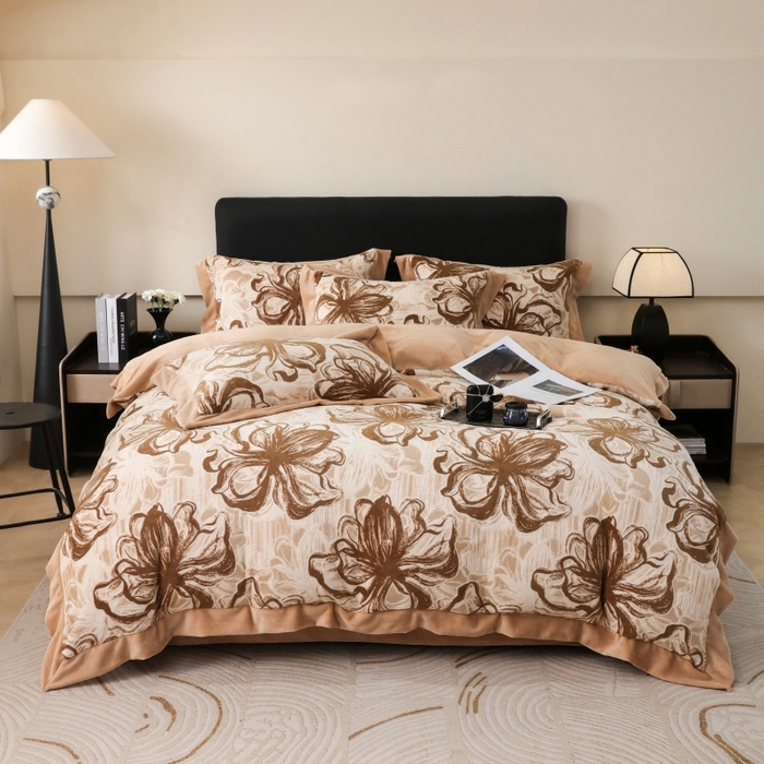 91家纺网 家纺一手货源 找家纺 三悦四季 2025新款冬季雕花牛奶绒加厚保暖四件套复古风轻奢烂花床单被套床上用品 优雅花卉-浅咖