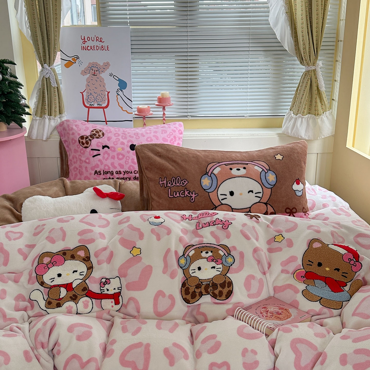 柚子YOUTH 2025新款加厚牛奶绒卡通毛巾绣四件套-卡通三小只 卡通三小只-蝴蝶结KT