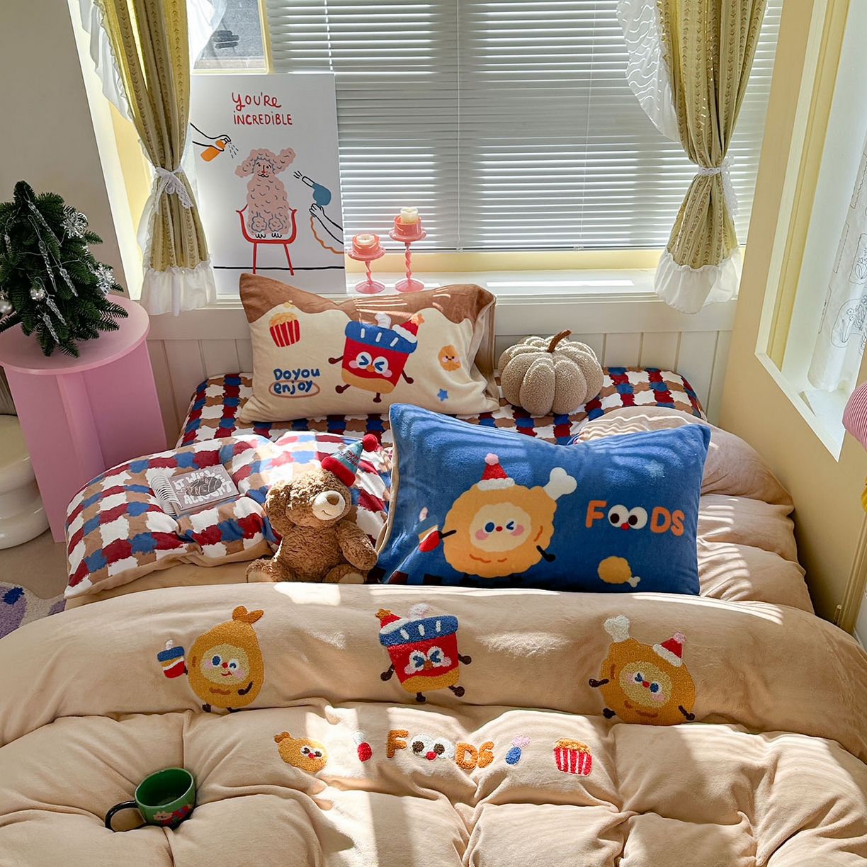 柚子YOUTH 2025新款加厚牛奶绒卡通毛巾绣四件套-卡通三小只 卡通三小只-能量套餐