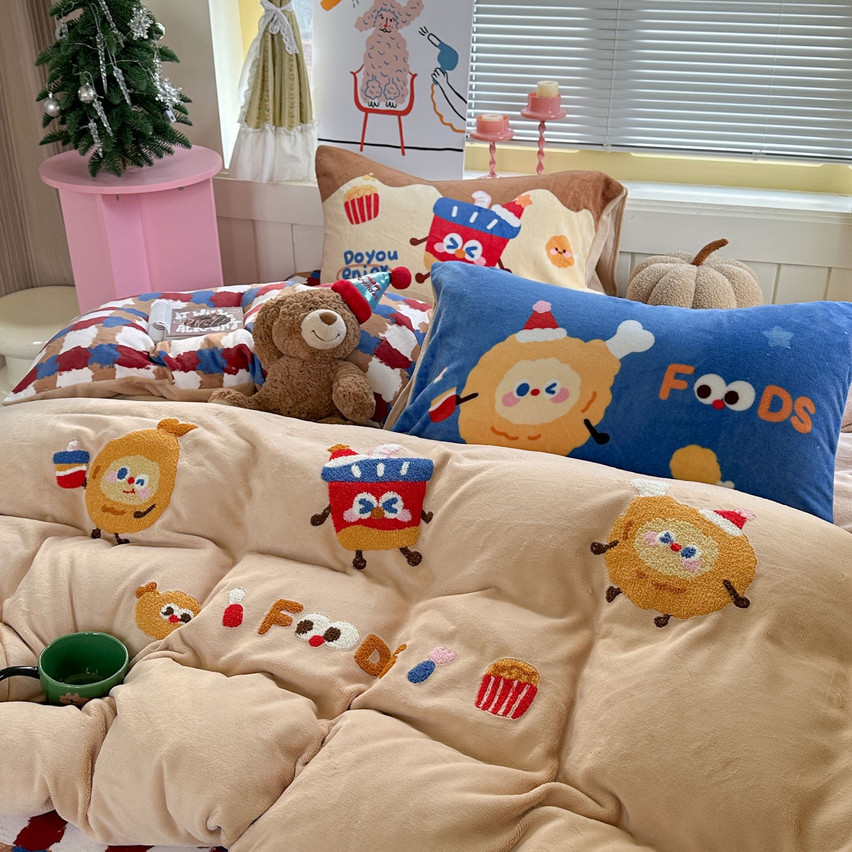 91家纺网 家纺一手货源 找家纺 柚子YOUTH 2025新款加厚牛奶绒卡通毛巾绣四件套-卡通三小只 卡通三小只-能量套餐