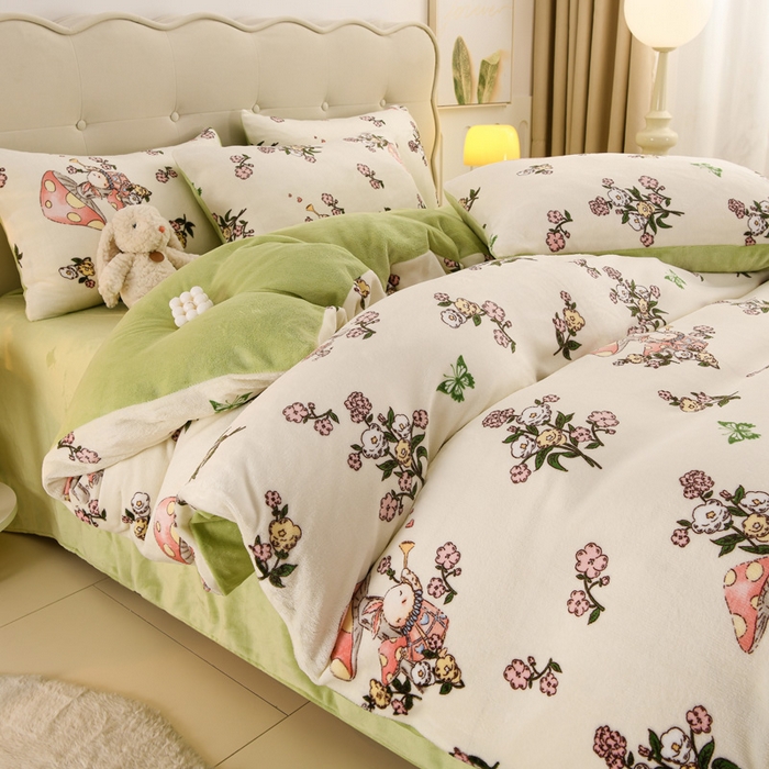 三悦四季 2025新款A类牛奶绒印花四件套 蘑花仙踪