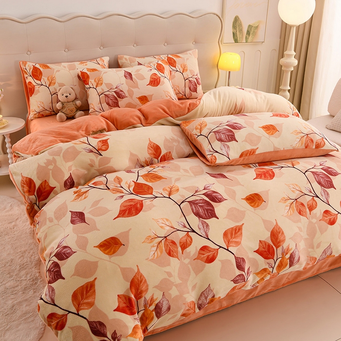 91家纺网 家纺一手货源 找家纺 三悦四季 2025新款A类牛奶绒印花四件套 秋之叶语