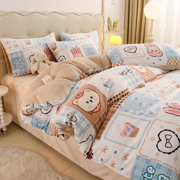 三悦四季 2025新款A类牛奶绒印花四件套 萌宠小窝
