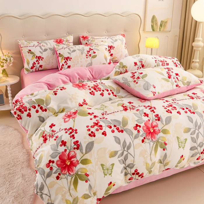 91家纺网 家纺一手货源 找家纺 三悦四季 2025新款A类牛奶绒印花四件套 樱花雨