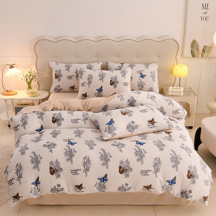 91家纺网 家纺一手货源 找家纺 三悦四季 2025新款A类牛奶绒印花四件套 田园蝶梦