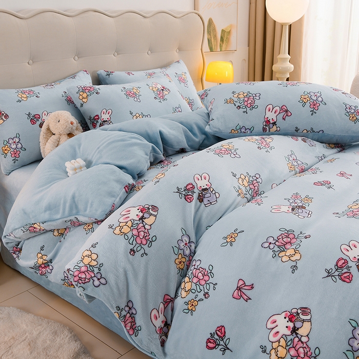 三悦四季 2025新款A类牛奶绒印花四件套 花漾兔语