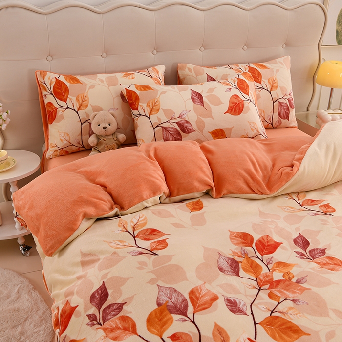 91家纺网 家纺一手货源 找家纺 三悦四季 2025新款A类牛奶绒印花四件套 秋之叶语