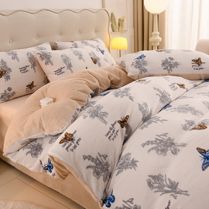 三悦四季 2025新款A类牛奶绒印花四件套 田园蝶梦