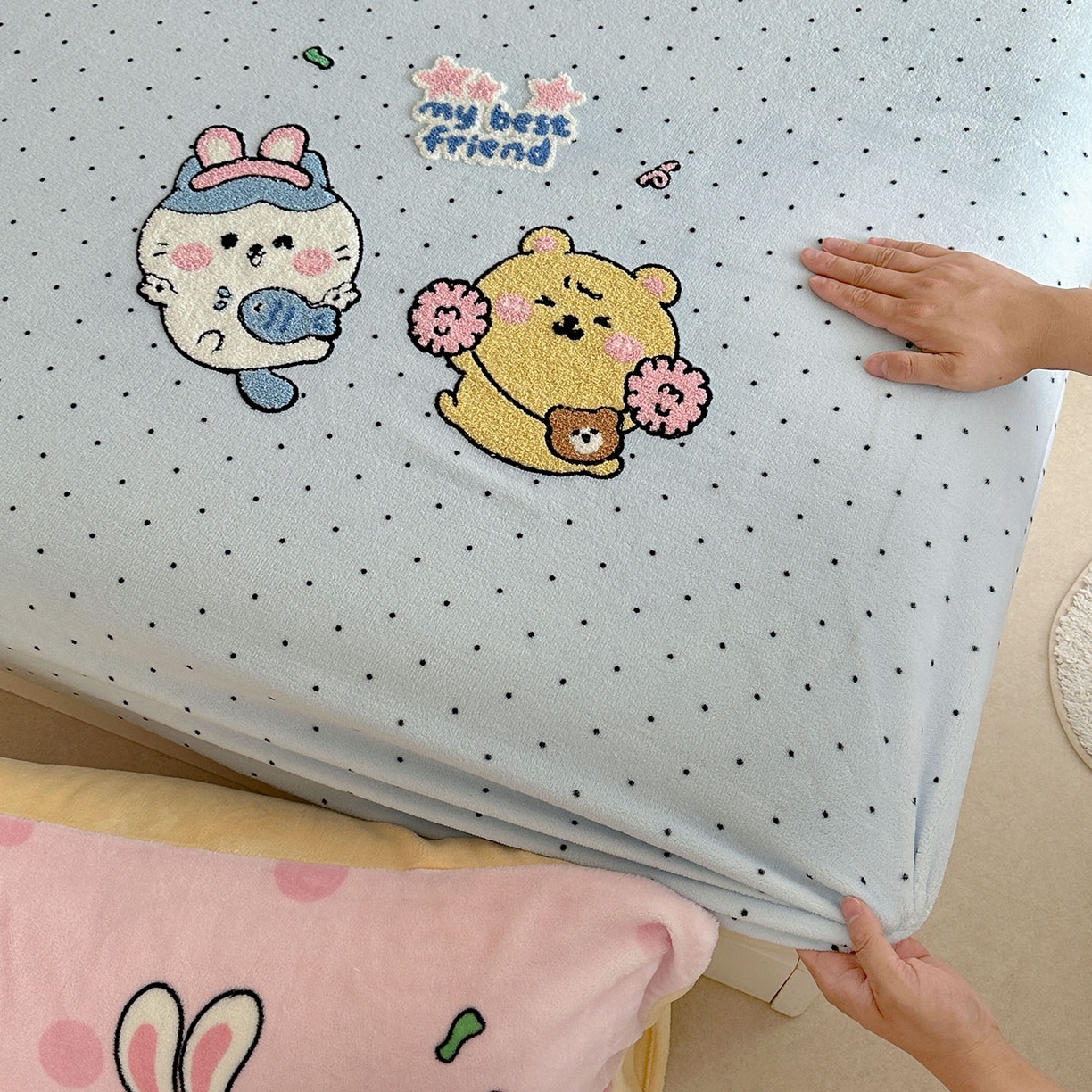 91家纺网 家纺一手货源 找家纺 （总）柚子YOUTH 2025新款加厚牛奶绒卡通毛巾绣床笠三件套