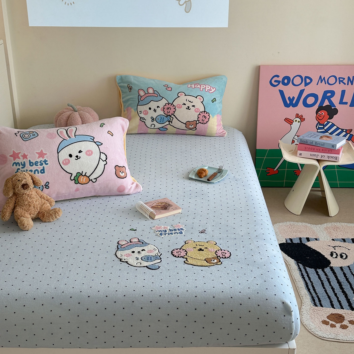 91家纺网 家纺一手货源 找家纺 柚子YOUTH 2025新款加厚牛奶绒卡通毛巾绣床笠三件套 萌粒