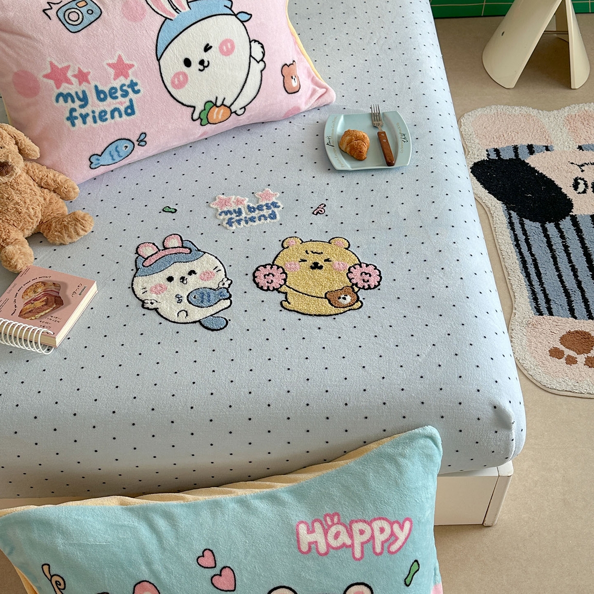 91家纺网 家纺一手货源 找家纺 柚子YOUTH 2025新款加厚牛奶绒卡通毛巾绣床笠三件套 萌粒