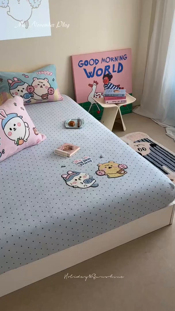 91家纺网 家纺一手货源 找家纺 柚子YOUTH 2025新款加厚牛奶绒卡通毛巾绣床笠三件套 萌粒