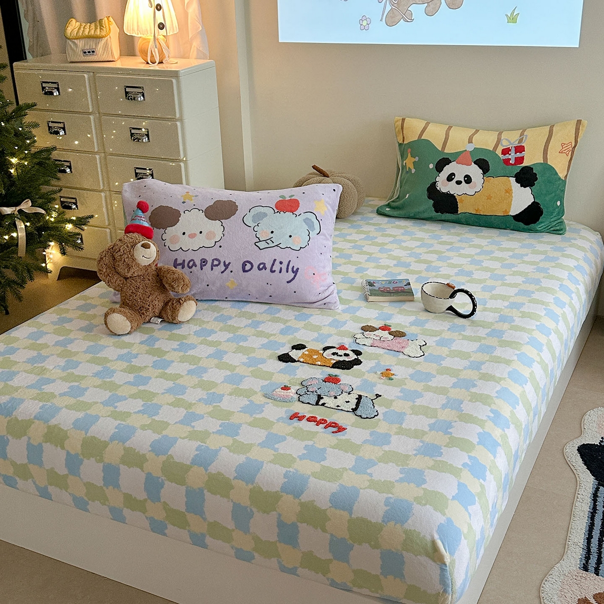 柚子YOUTH 2025新款加厚牛奶绒卡通毛巾绣床笠三件套 快乐动物园