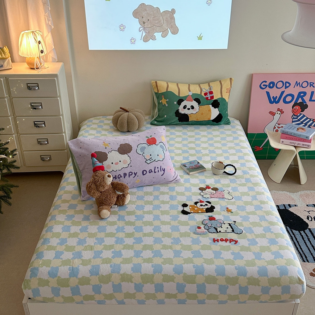 91家纺网 家纺一手货源 找家纺 柚子YOUTH 2025新款加厚牛奶绒卡通毛巾绣床笠三件套 快乐动物园