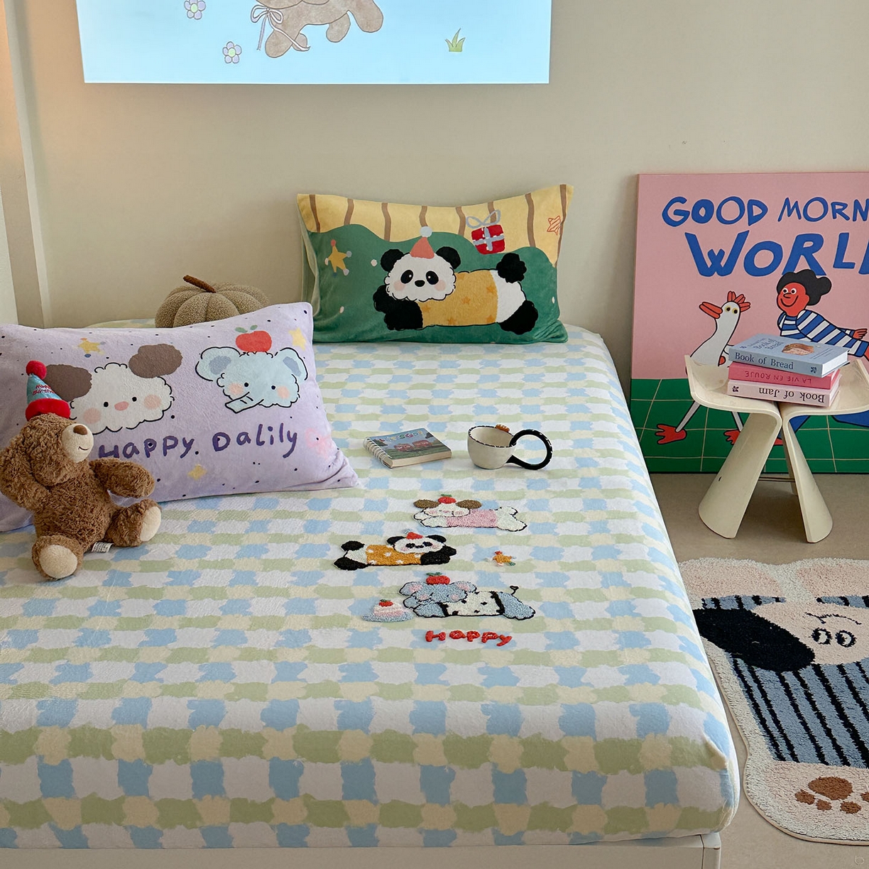 91家纺网 家纺一手货源 找家纺 柚子YOUTH 2025新款加厚牛奶绒卡通毛巾绣床笠三件套 快乐动物园